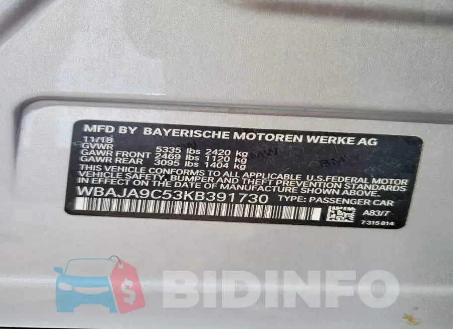 WBAJA9C53KB391730 Photo# 12