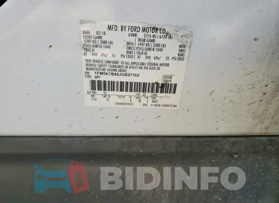 1FM5K7B88JGB07765 Photo# 14