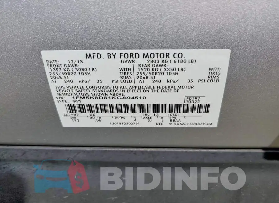 1FM5K8D81KGA94510 Photo# 14
