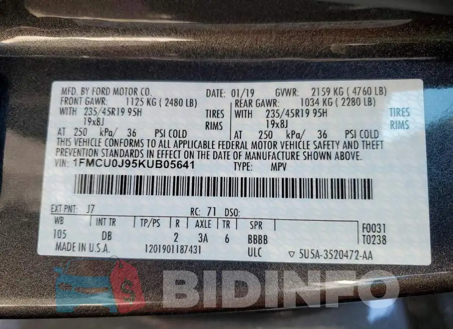 1FMCU0J95KUB05641 Photo# 14