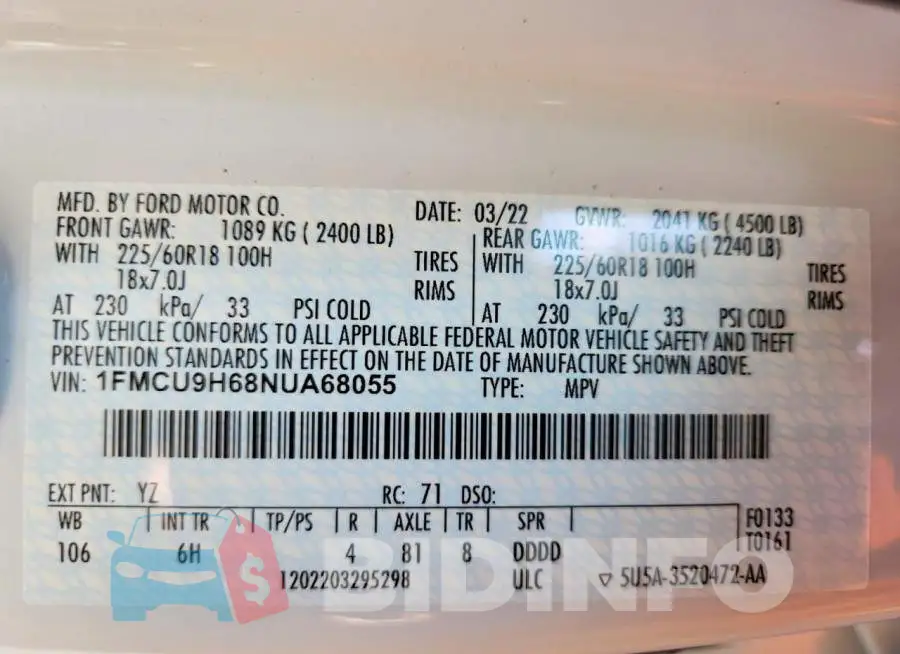 1FMCU9H68NUA68055 Photo# 13