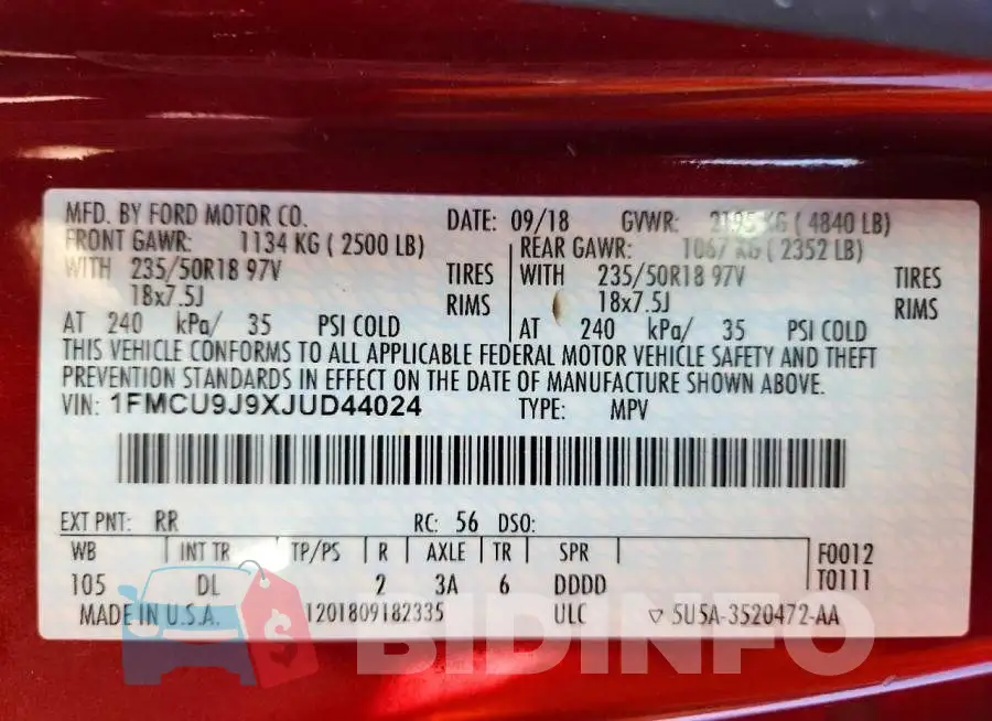 1FMCU9J9XJUD44024 Photo# 13