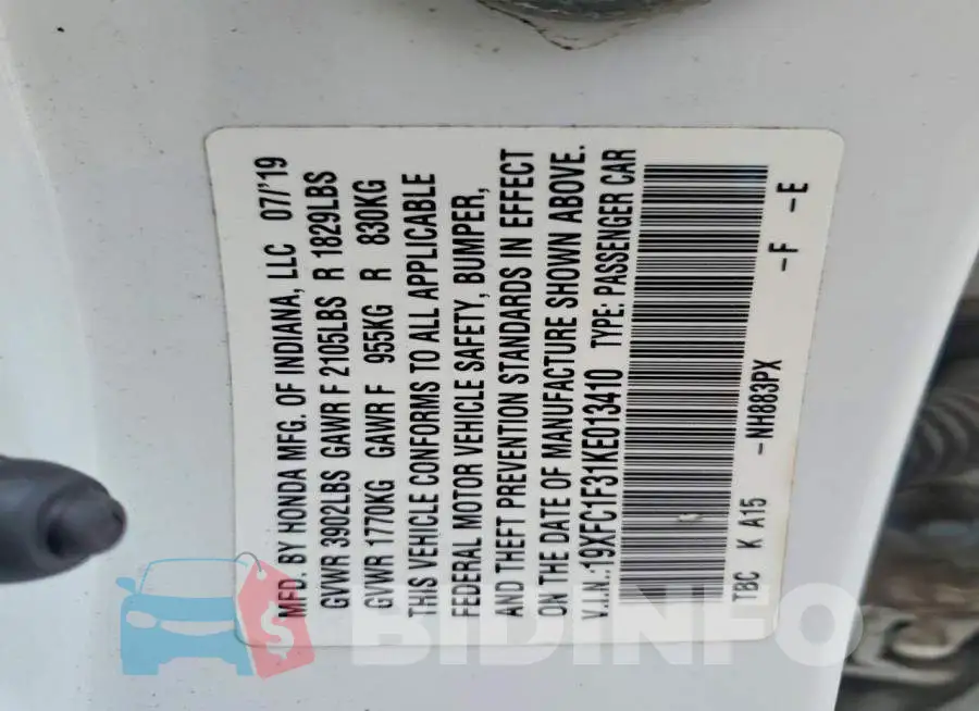 19XFC1F31KE013410 Photo# 12