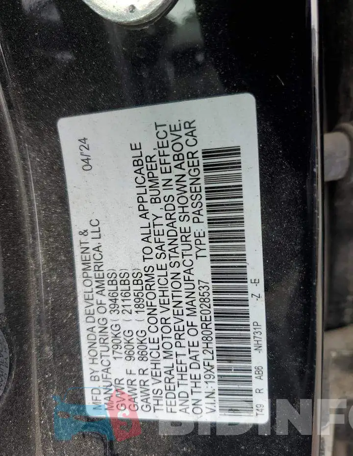 19XFL2H80RE028537 Photo# 12