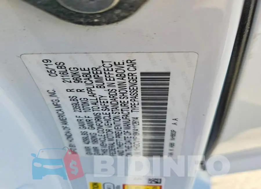 1HGCV1F18KA112614 Photo# 13