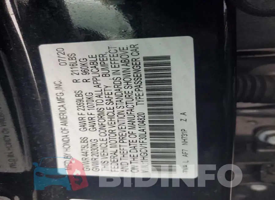 1HGCV1F30LA104820 Photo# 12