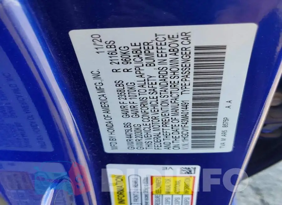 1HGCV1F43MA014491 Photo# 12