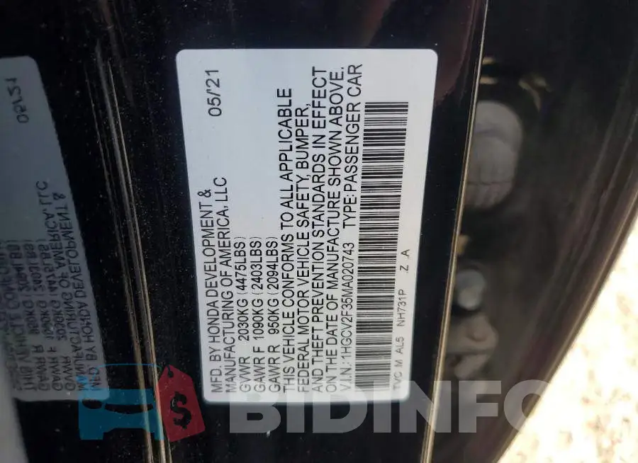 1HGCV2F35MA020743 Photo# 12