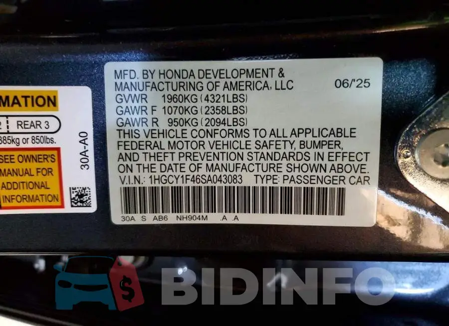 1HGCY1F46SA043083 Photo# 12