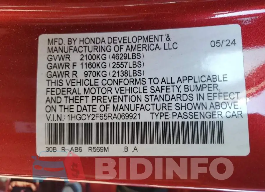 1HGCY2F65RA069921 Photo# 12