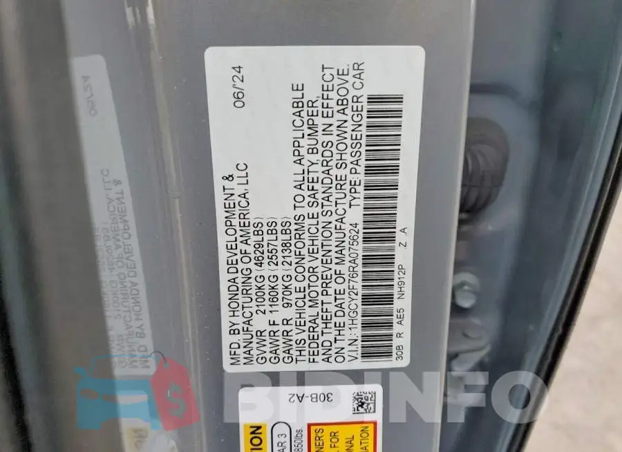 1HGCY2F76RA075624 Photo# 12