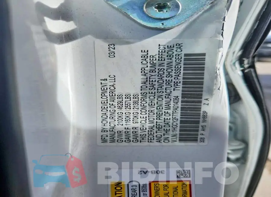 1HGCY2F77PA014084 Photo# 12