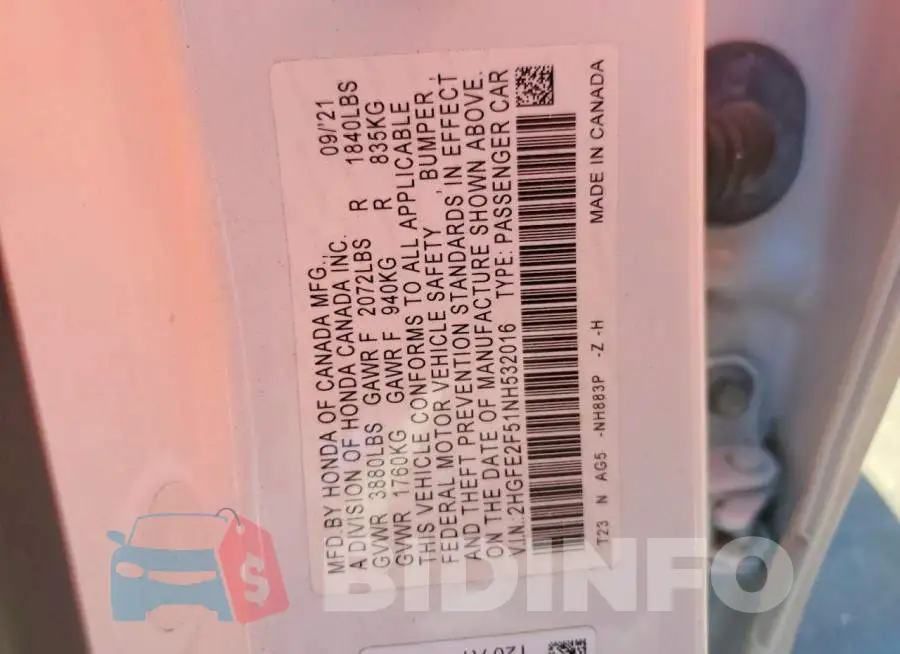 2HGFE2F51NH532016 Photo# 13