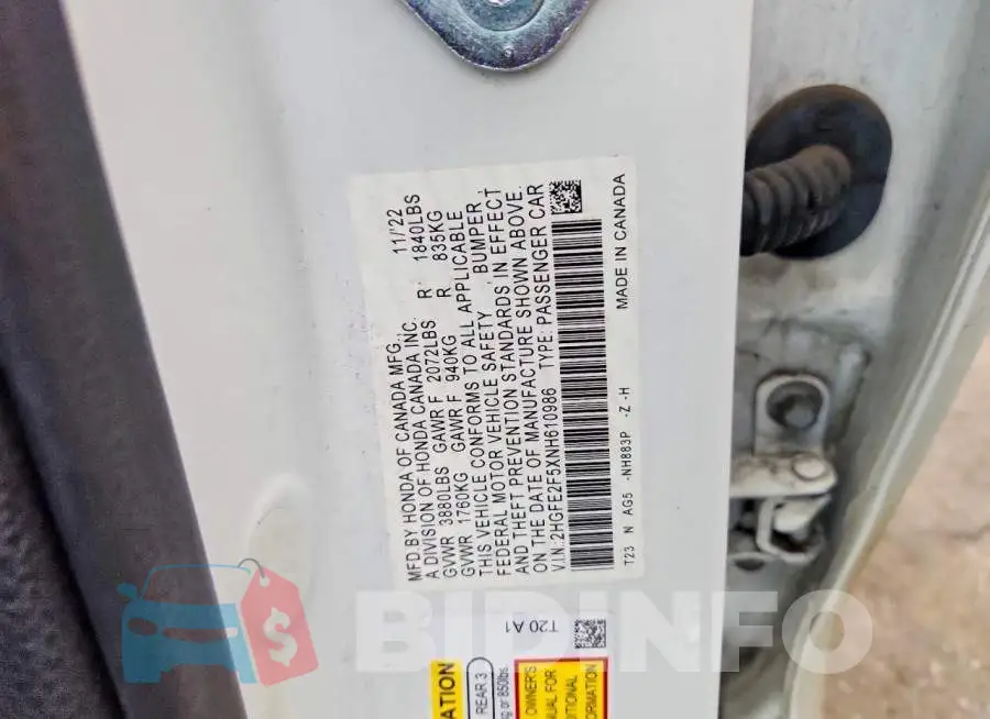 2HGFE2F5XNH610986 Photo# 12