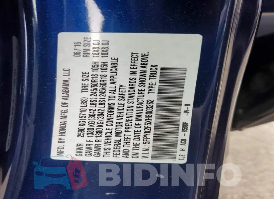 5FPYK2F5XHB003262 Photo# 13