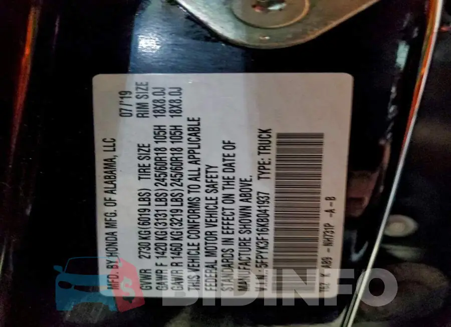 5FPYK3F16KB041937 Photo# 12