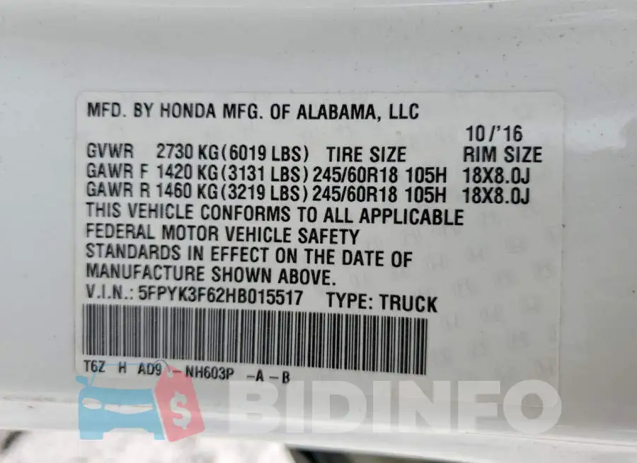 5FPYK3F62HB015517 Photo# 12