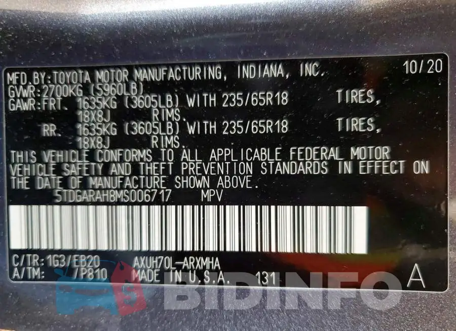 5TDGARAH8MS006717 Photo# 14