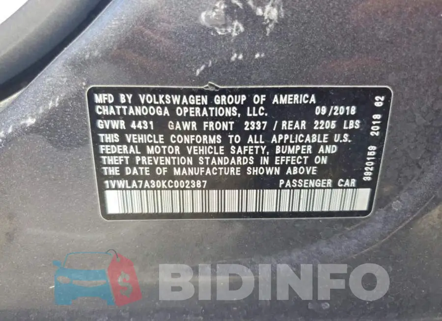 1VWLA7A30KC002387 Photo# 13