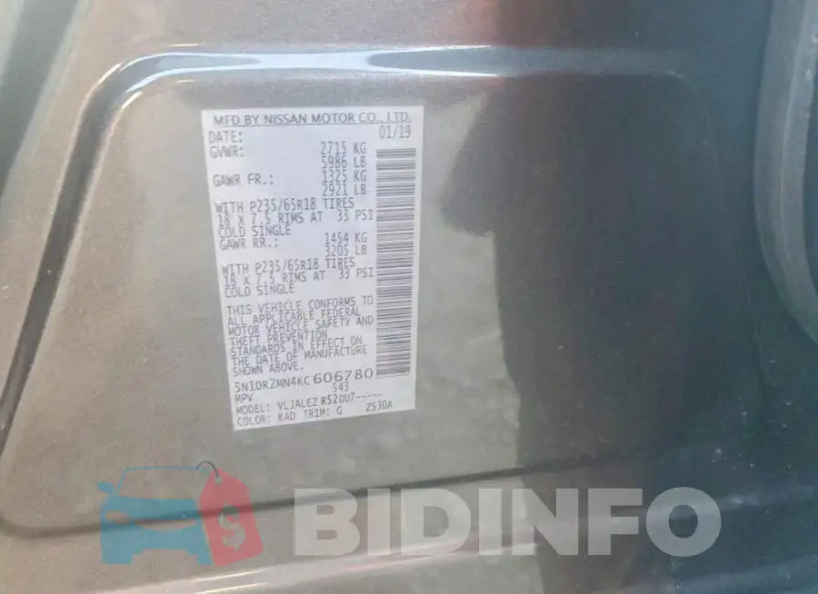 5N1DR2MN4KC606780 Photo# 13