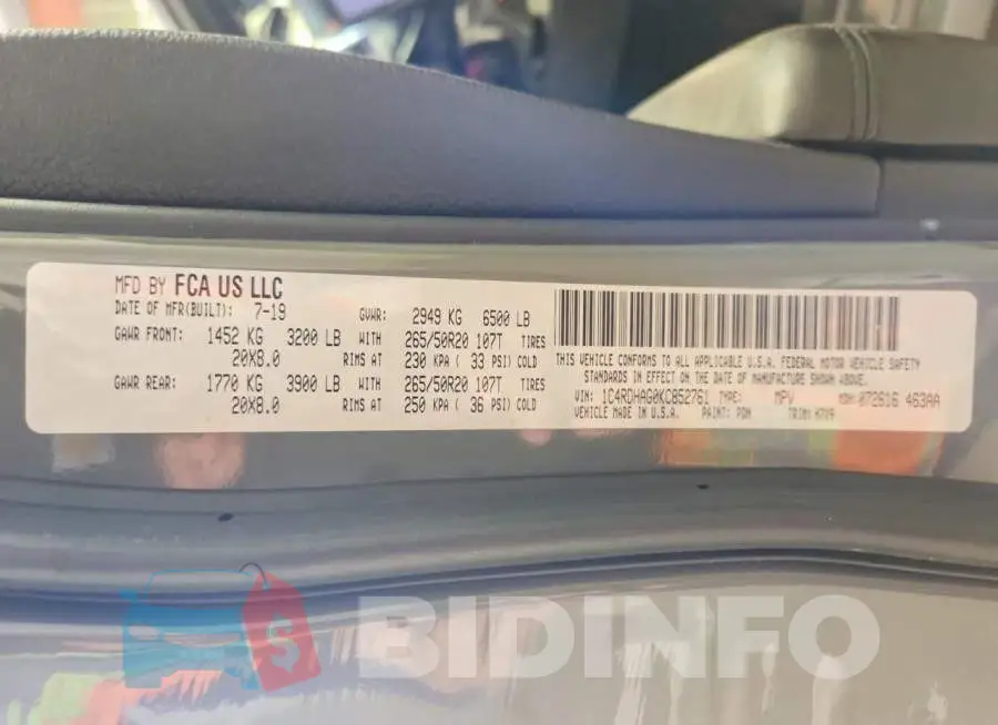 1C4RDHAG0KC852761 Photo# 13