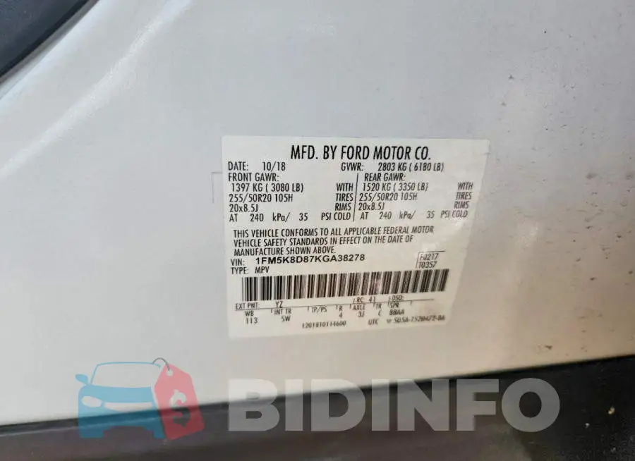 1FM5K8D87KGA38278 Photo# 13