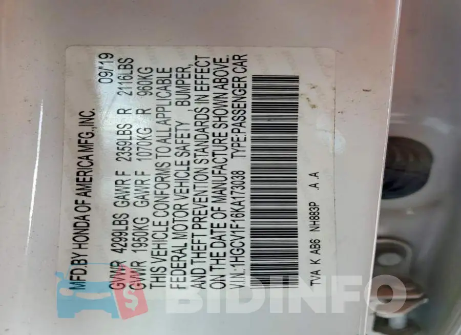 1HGCV1F16KA173038 Photo# 14