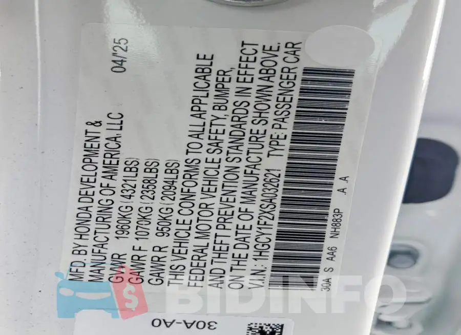 1HGCY1F2XSA032621 Photo# 13