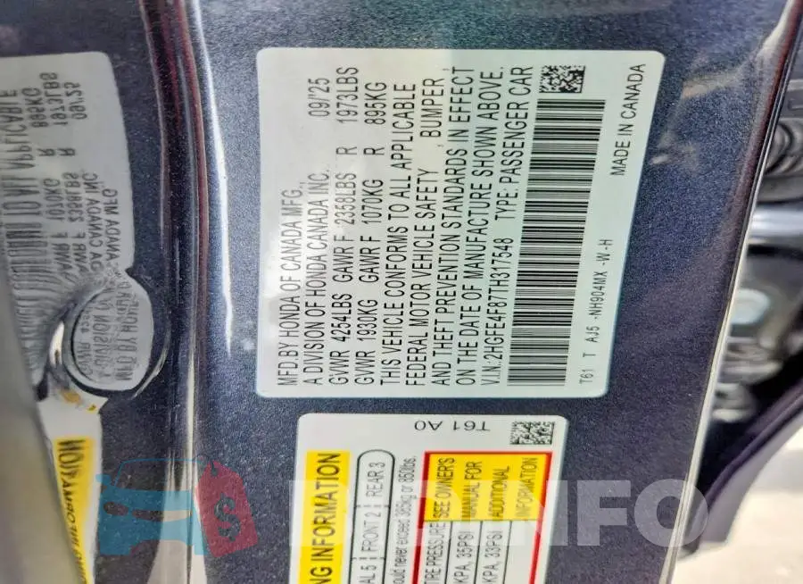 2HGFE4F87TH317548 Photo# 13