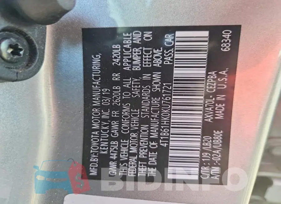 4T1B61HK0KU761721 Photo# 12