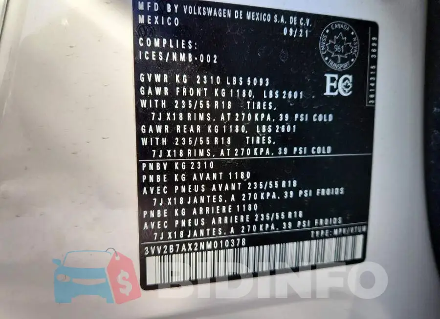 3VV2B7AX2NM010378 Photo# 14