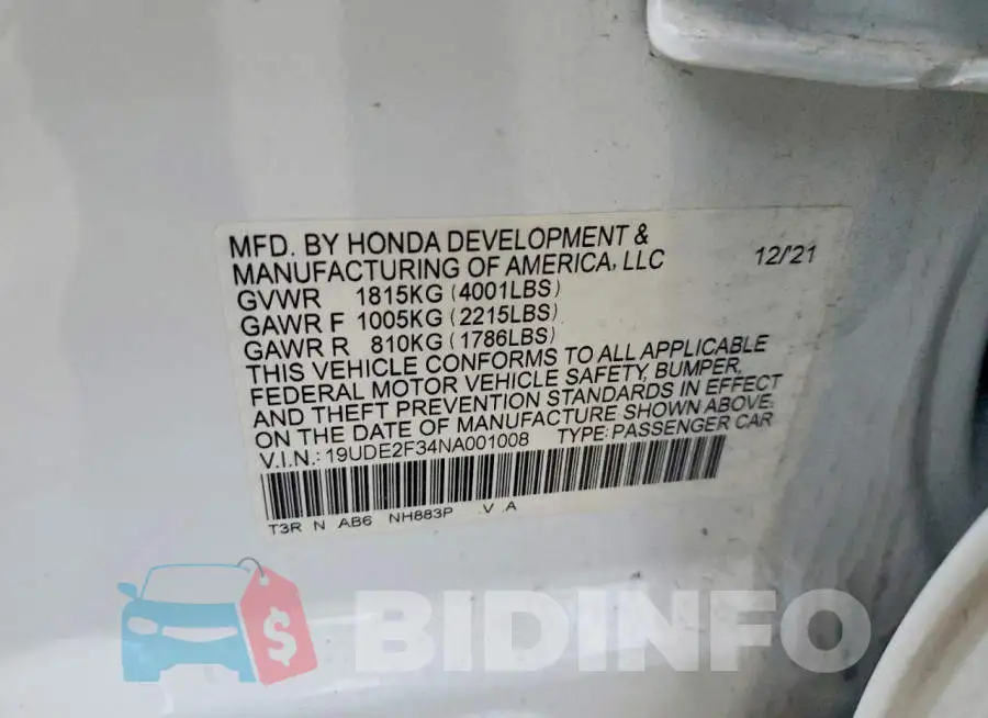 19UDE2F34NA001008 Photo# 12