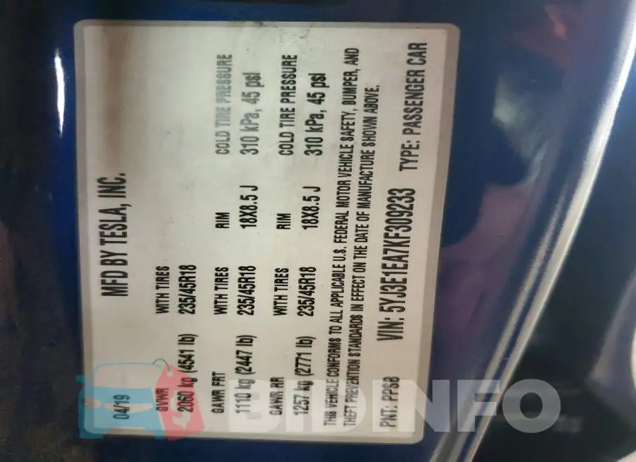 5YJ3E1EA7KF309233 Photo# 12
