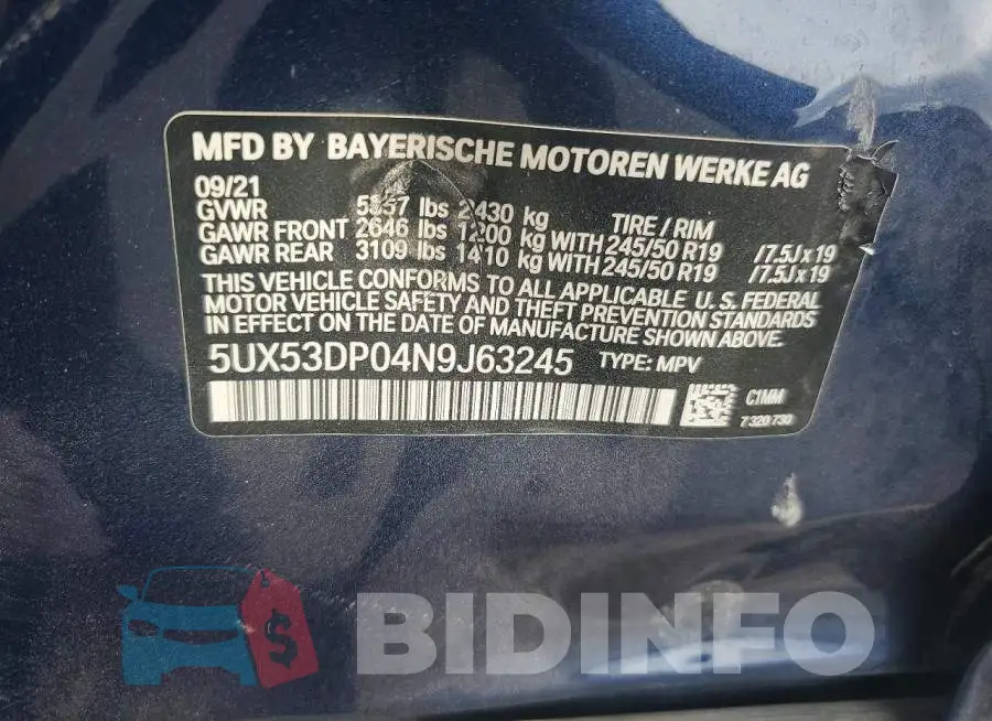 5UX53DP04N9J63245 Photo# 13