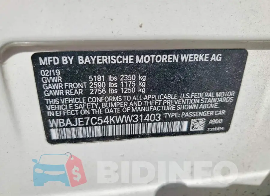 WBAJE7C54KWW31403 Photo# 12