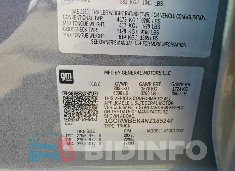 1GCRWBEK4NZ185247 Photo# 12