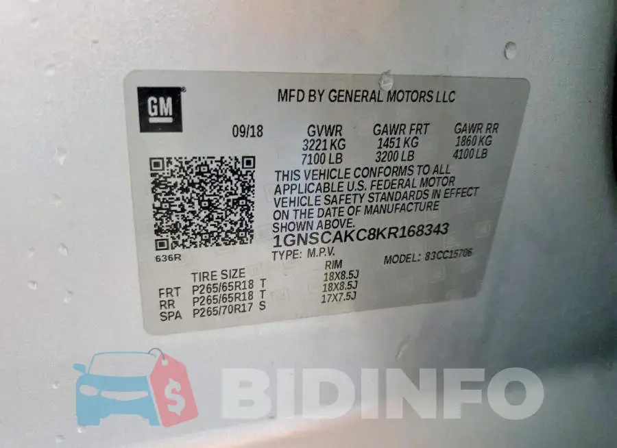 1GNSCAKC8KR168343 Photo# 13