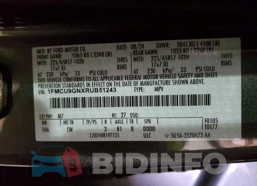 1FMCU9GNXRUB51243 Photo# 14