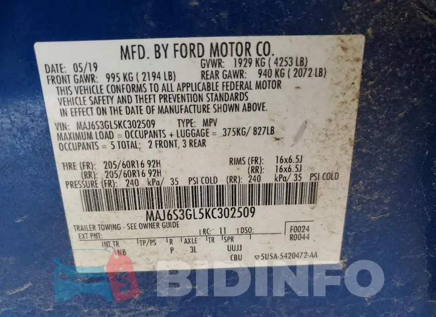 MAJ6S3GL5KC302509 Photo# 13