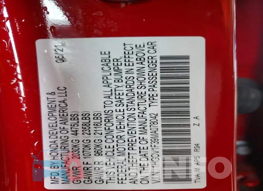 1HGCV1F39MA078042 Photo# 12