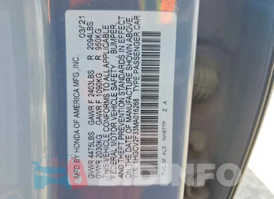 1HGCV2F33MA016268 Photo# 13