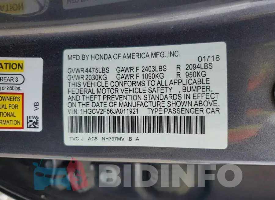 1HGCV2F56JA011921 Photo# 12