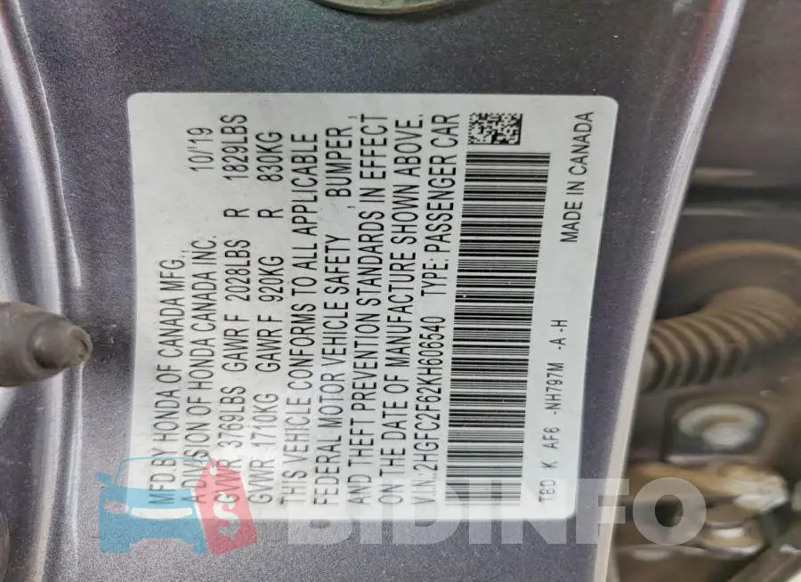 2HGFC2F62KH606540 Photo# 12