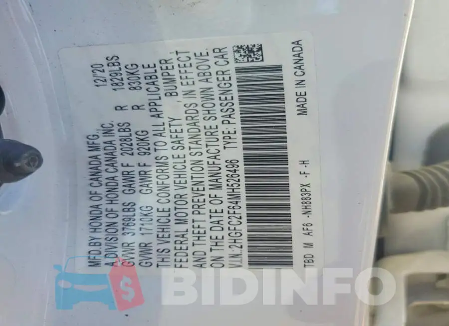 2HGFC2F64MH526496 Photo# 12