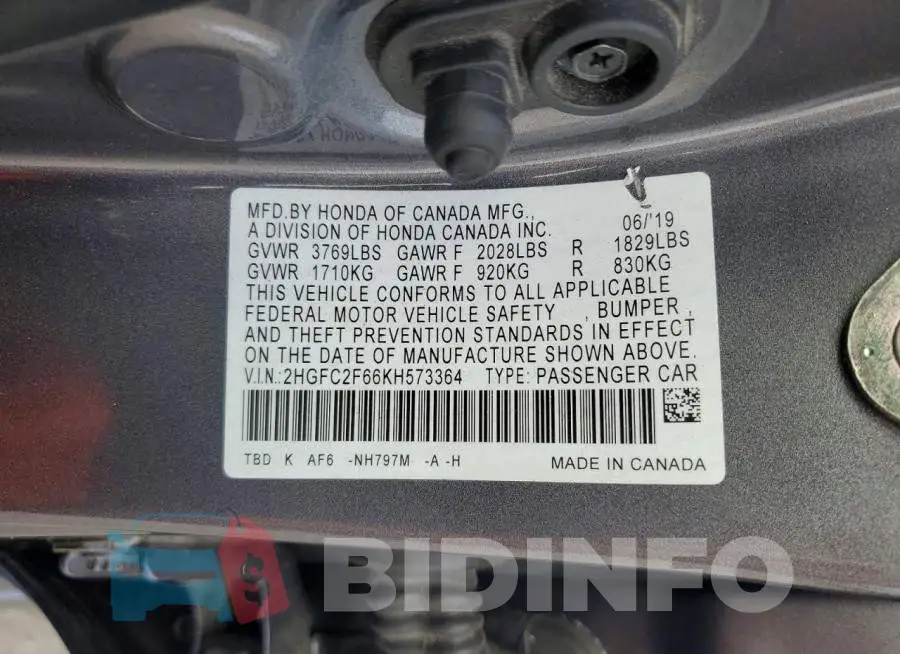 2HGFC2F66KH573364 Photo# 13
