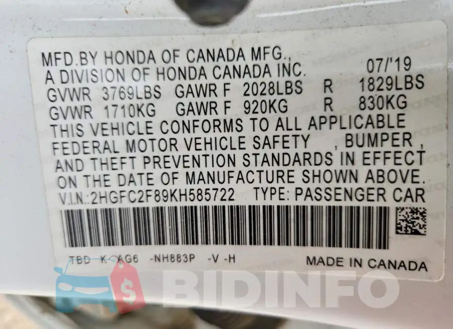 2HGFC2F89KH585722 Photo# 12