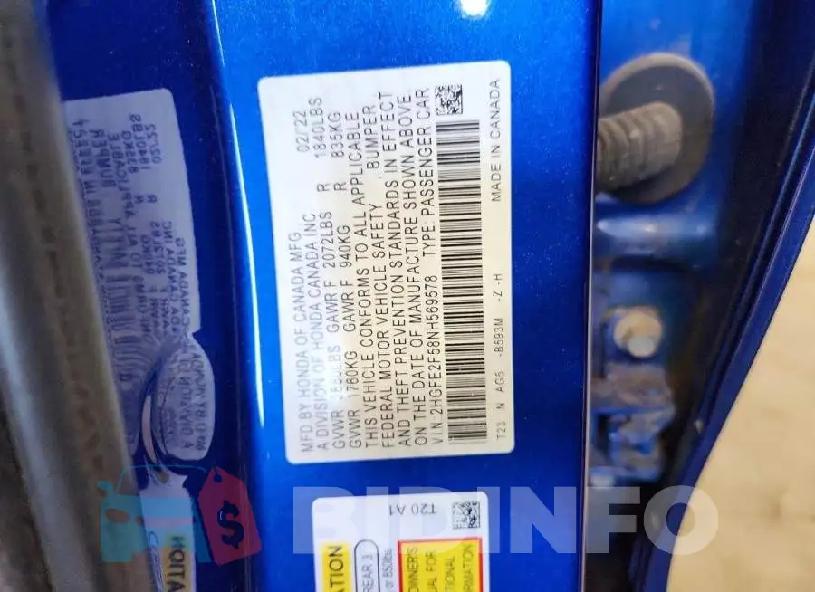 2HGFE2F58NH569578 Photo# 13