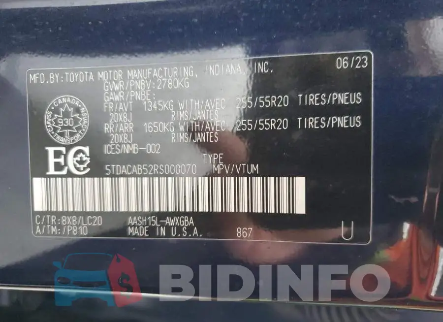 5TDACAB52RS000070 Photo# 13