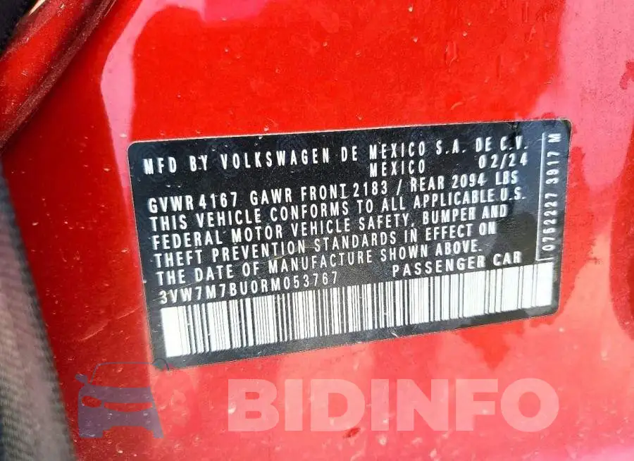 3VW7M7BU0RM053767 Photo# 12