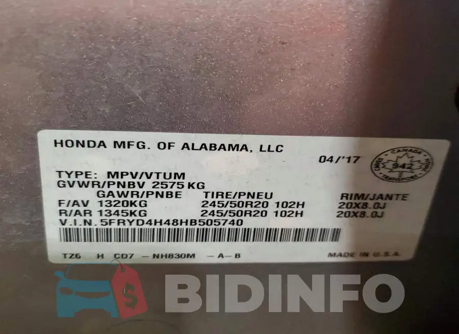 5FRYD4H48HB505740 Photo# 14